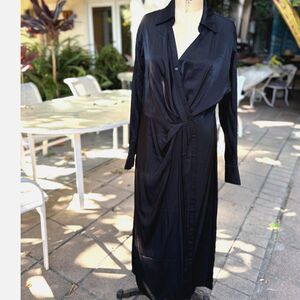 NWT H&M Black Poly Viscose Draped Faux Wrap LS Button Down Midi Shirt Dress SZ M